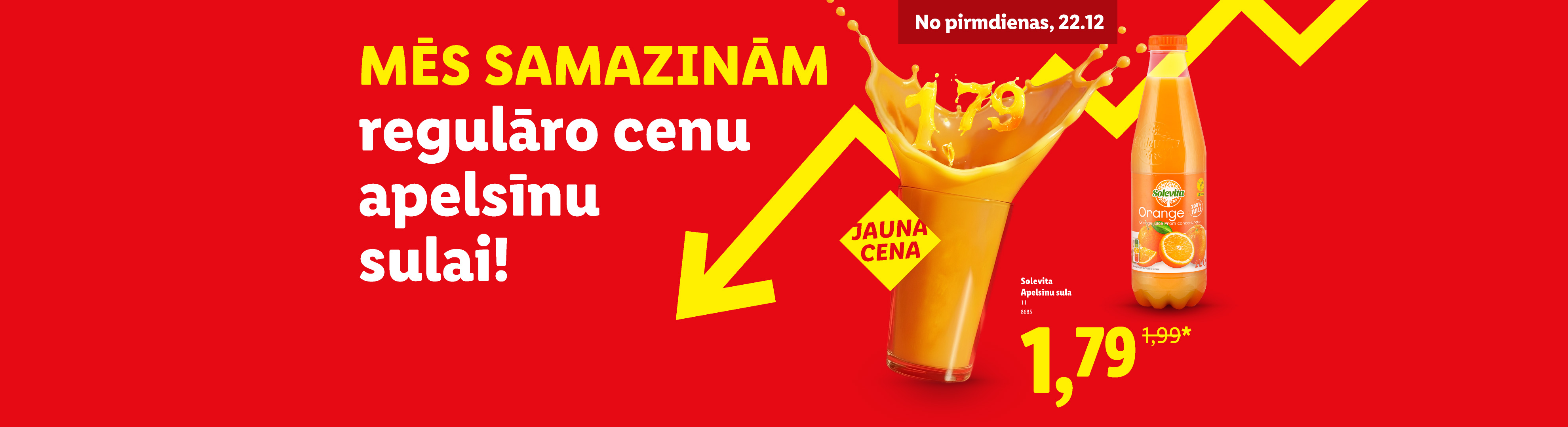 Solevita apelsīnu sulas reklāma ar samazinātu cenu.