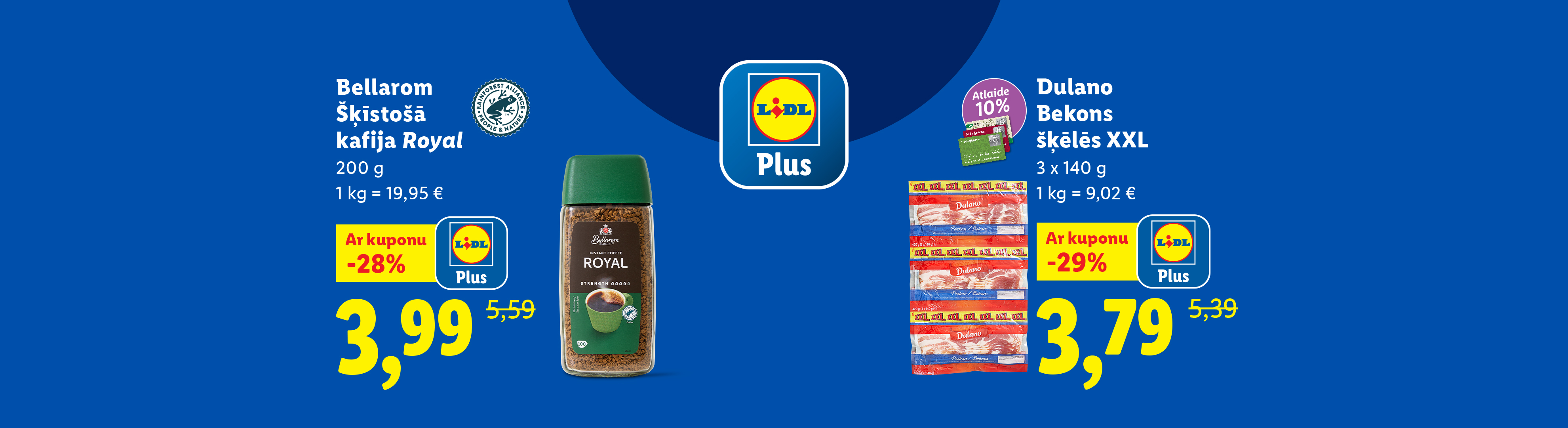 Lidl reklāma ar Bellarom šķīstošo kafiju un Dulano bekonu.
