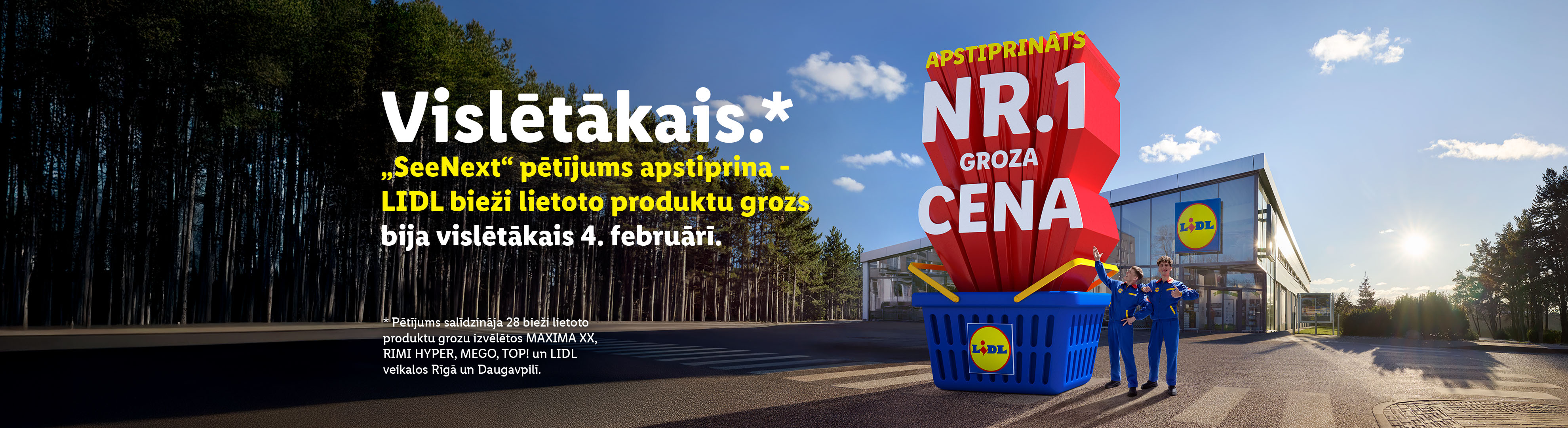 Lidl reklāma ar saukli 'Vislētākais' un milzīgu iepirkumu grozu ar uzrakstu 'Nr. 1 groza cena'.