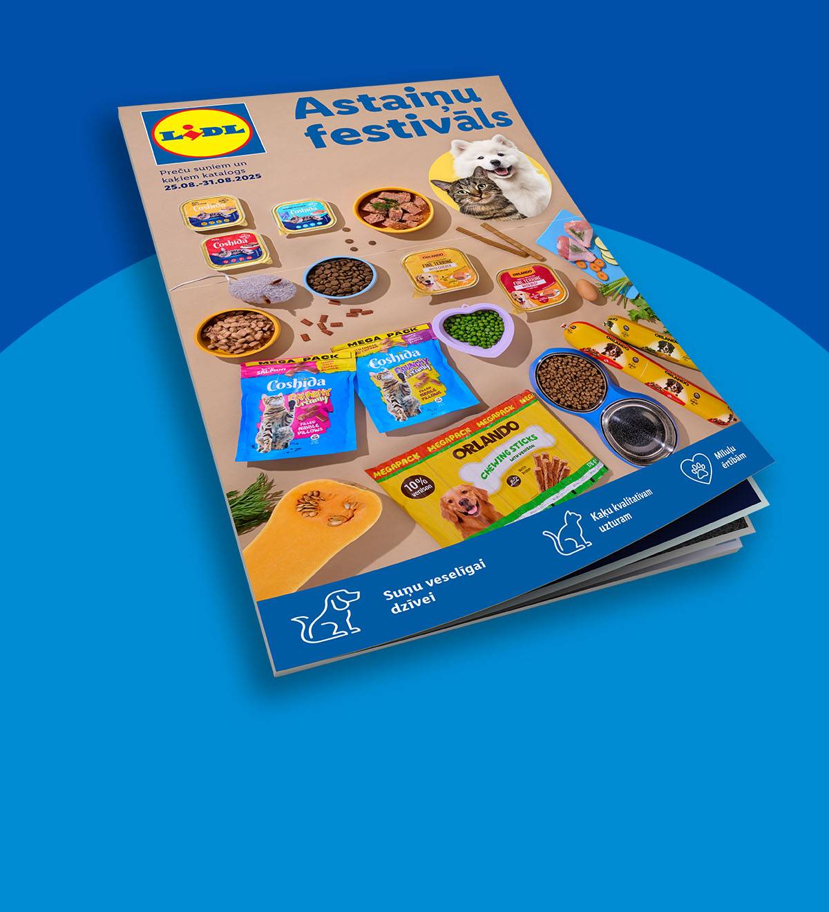 Каталог товаров для домашних животных Lidl с кормом для кошек и собак, лакомствами и аксессуарами.