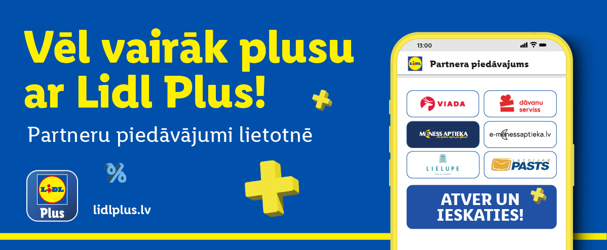 Lidl Plus lietotne: partneru piedāvājumi, tai skaitā ViaDa, e-menessaptieka.lv un Latvijas Pasts.