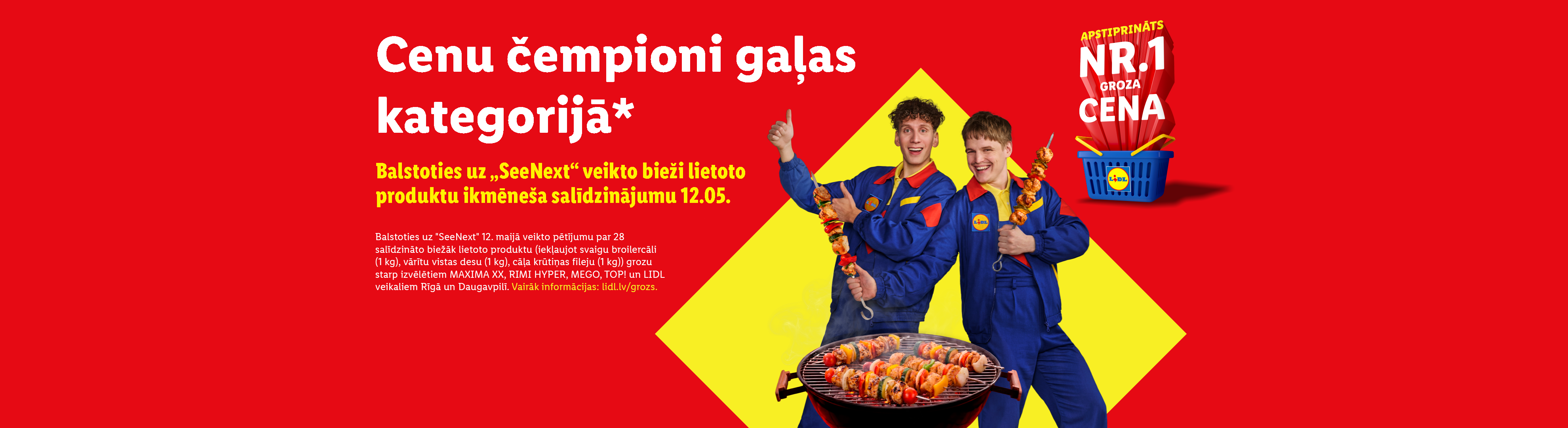 Divi vīrieši ar šašlikiem uz grila, reklamējot gaļas produktus kā cenu čempionus.