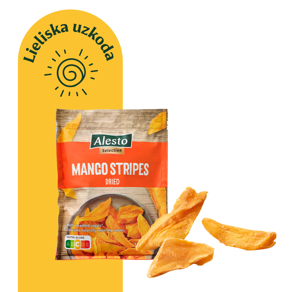 Mango strēmelītes iepakojumā ar Nutri-Score A un saule ar tekstu 'Lieliska uzkoda'.