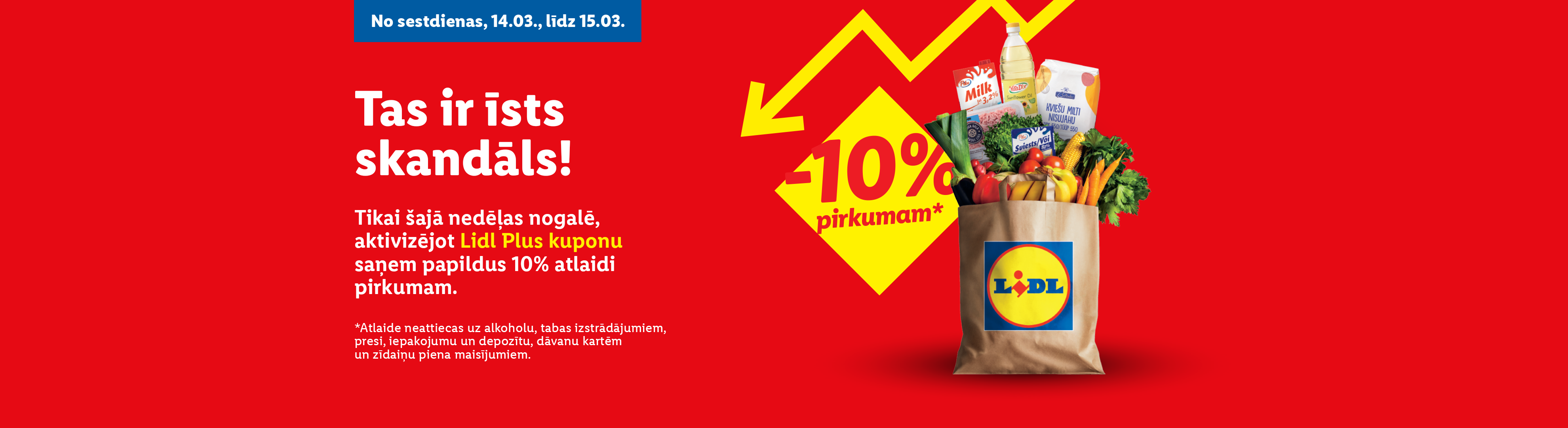 Lidl reklāmas baneris ar pārtikas preču maisu, piedāvājot 10% atlaidi pirkumiem.