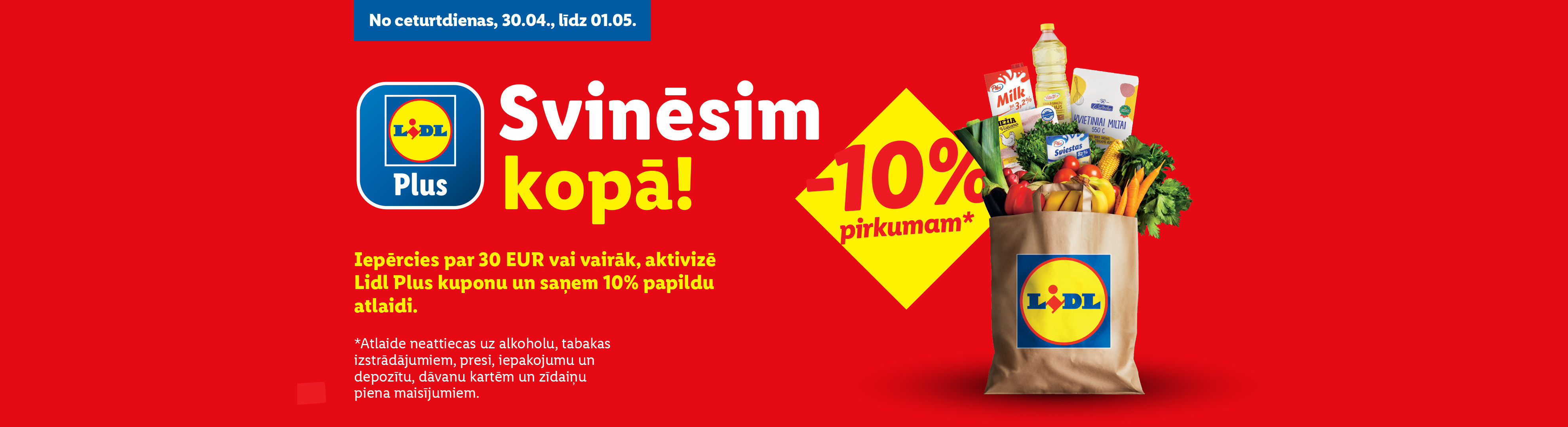Lidl reklāmas baneris ar pārtikas maisu, piedāvājot 10% atlaidi pirkumiem virs 30 eiro.