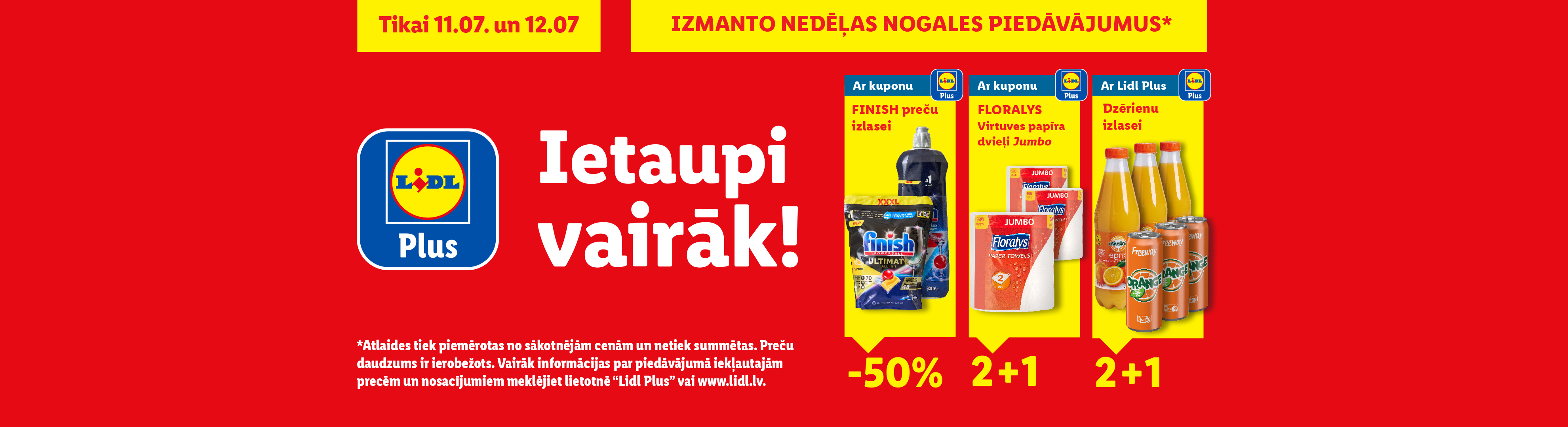 Lidl Plus piedāvājumi ar kuponiem: trauku mazgāšanas līdzekļiem, papīra dvieļiem un dzērieniem.