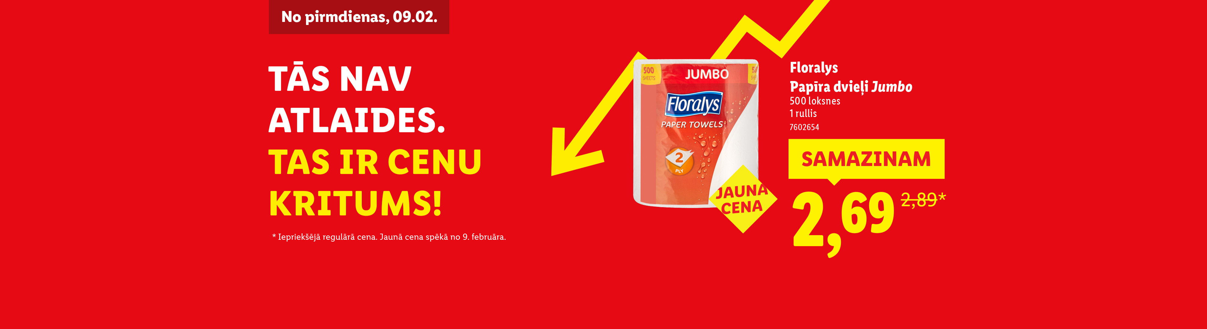 Jumbo papīra dvieļu reklāma ar jaunu cenu 2,69 eiro, atlaide no 2,89 eiro.