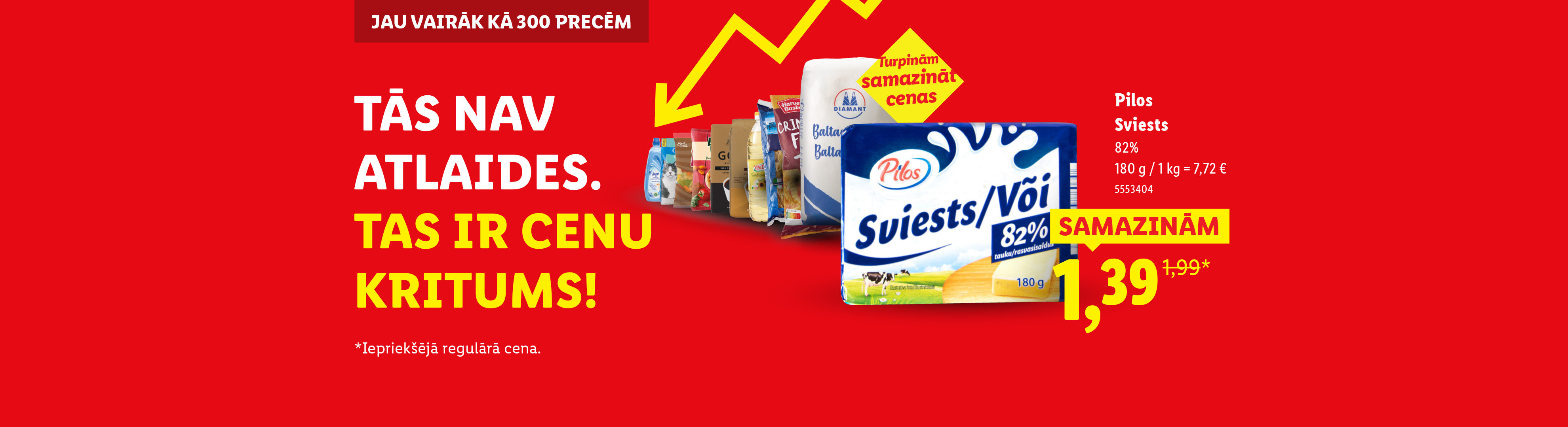Reklāma ar sviestu un citiem pārtikas produktiem, kas paziņo par cenu kritumu.