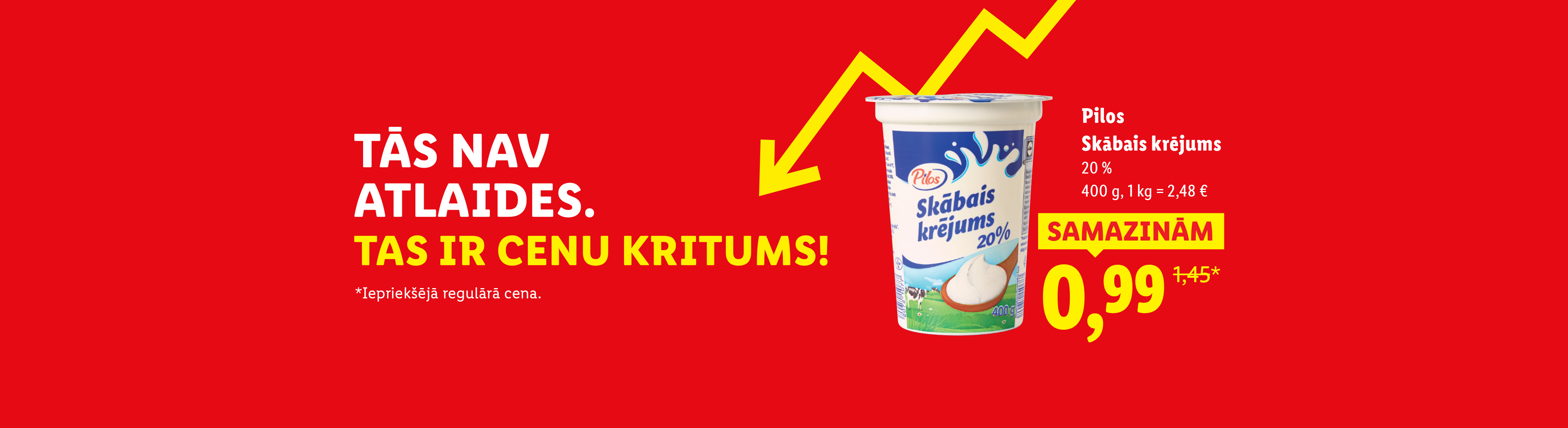 Reklāmas baneris ar 20% skābo krējumu, ar uzrakstu «Tās nav atlaides. Tas ir cenu kritums!» un cenu 0,99 eiro.