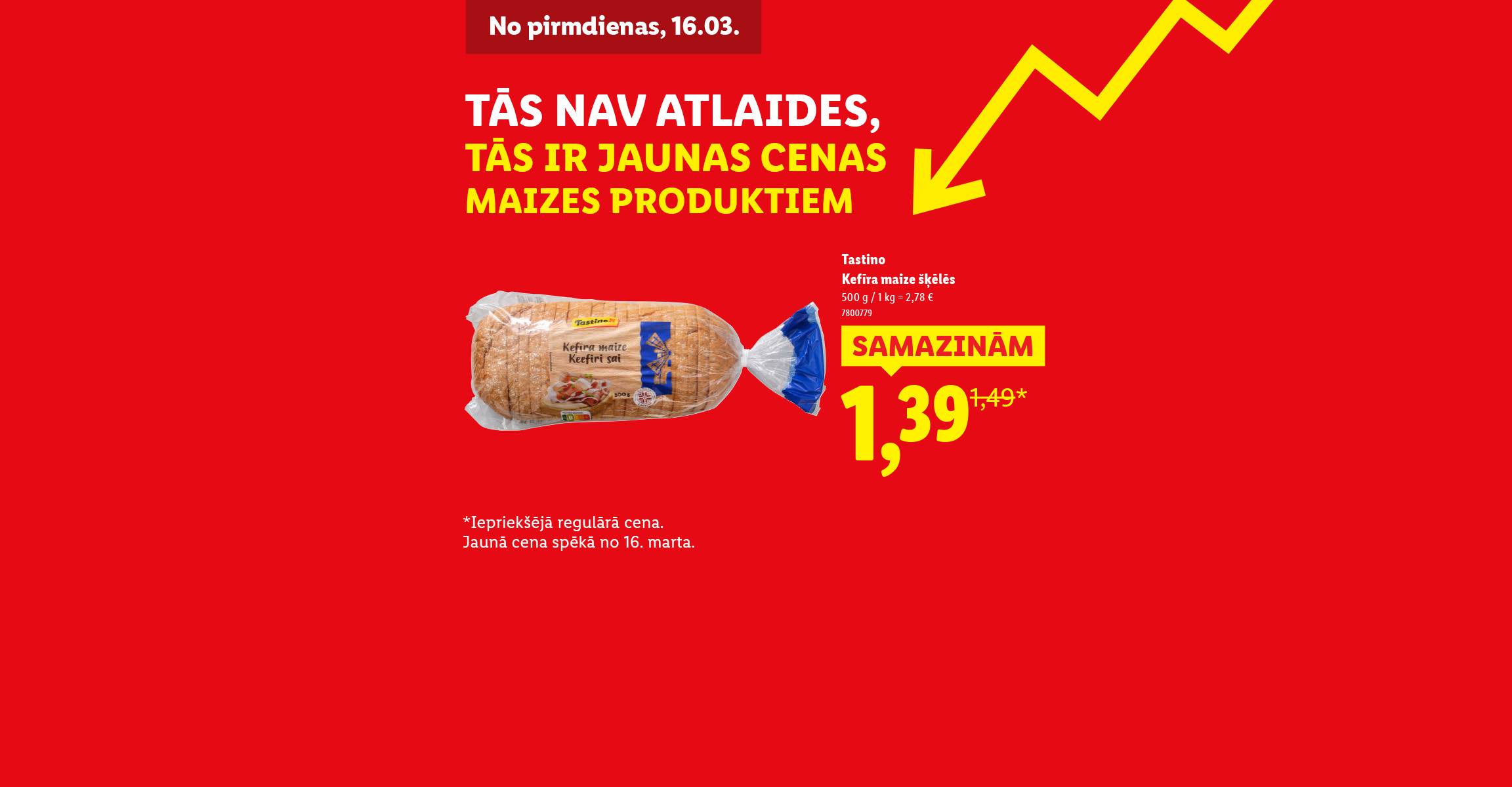 Reklāmas baneris ar kefīra maizi iepakojumā, samazināta cena 1,39 eiro.