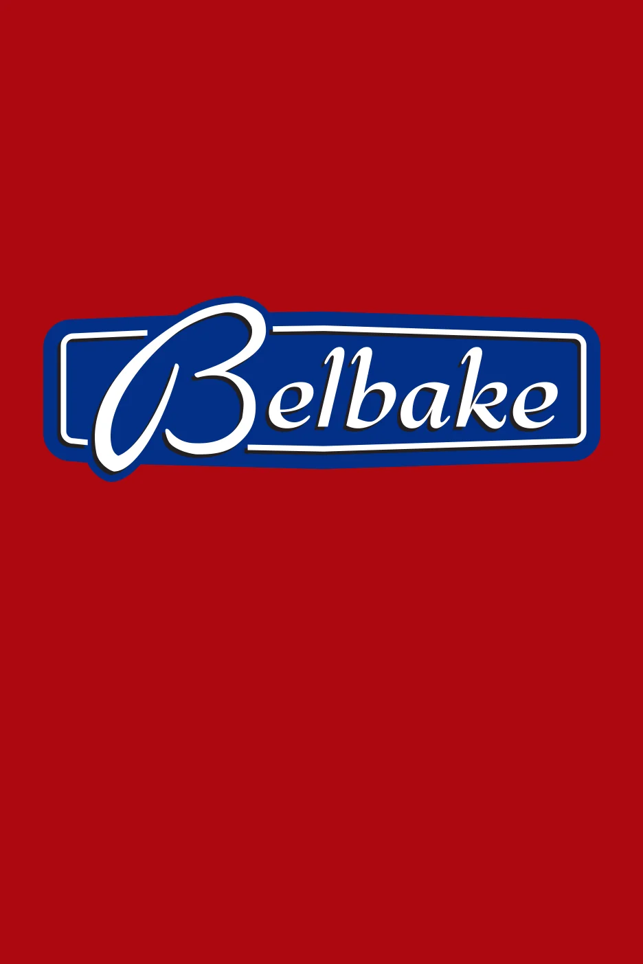 Логотип Belbake: белый курсивный текст на синем прямоугольнике с белым контуром, на красном фоне.