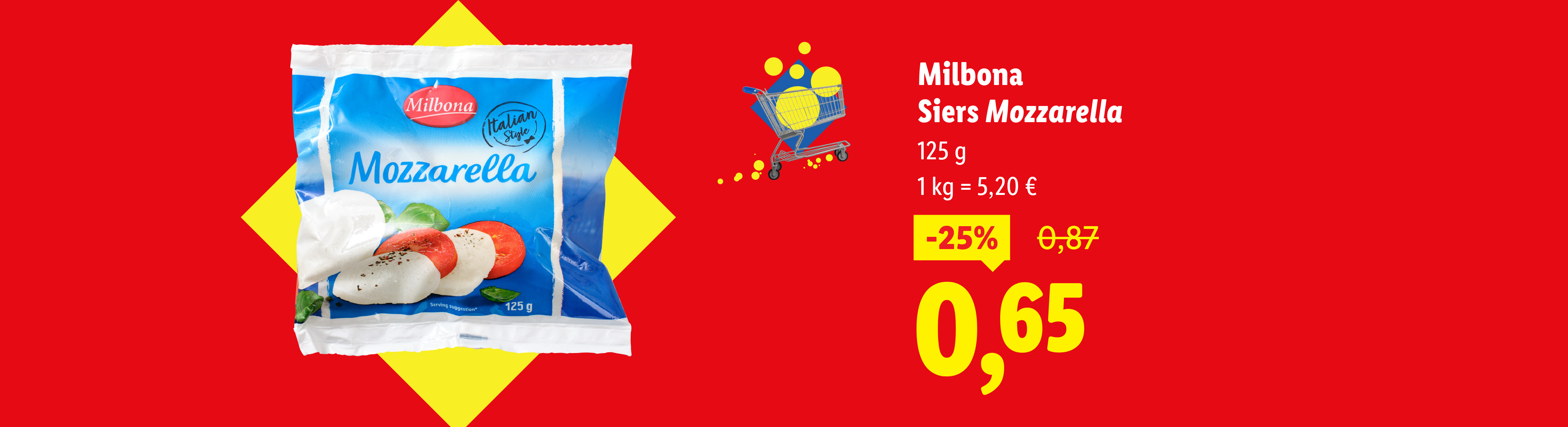 Milbona Siers Mozzarella 125g ar 25% atlaidi par 0,65€.