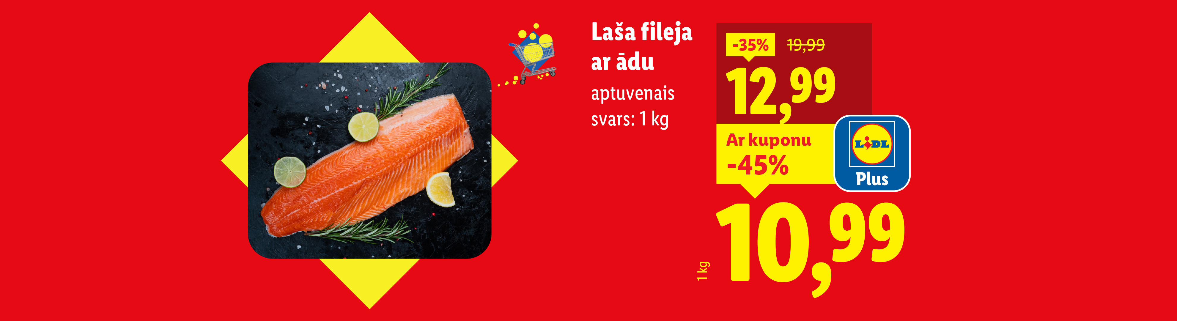 Филе лосося с кожей, приблизительный вес 1 кг, со скидкой Lidl Plus.