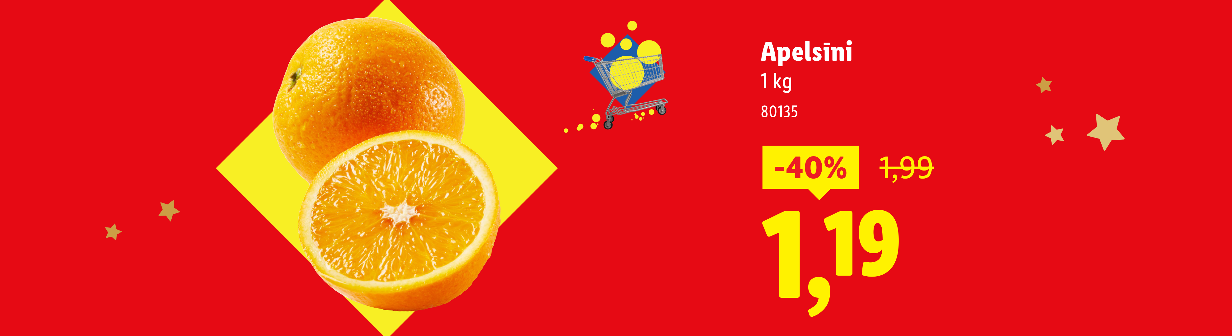 Apelsīni ar 40% atlaidi, cena 1,19 eiro par 1 kg