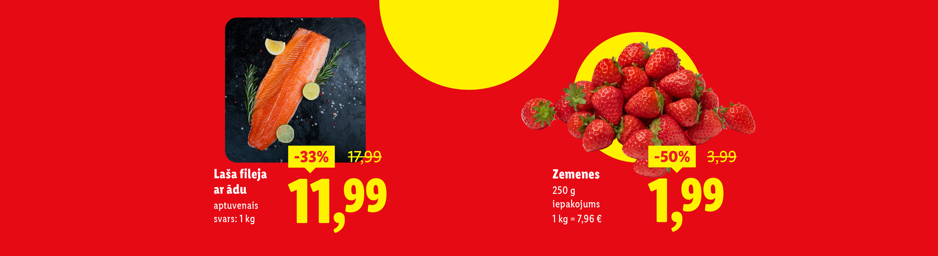 Reklāmas baneris ar lasi un zemenēm, norādot to cenas un atlaides.