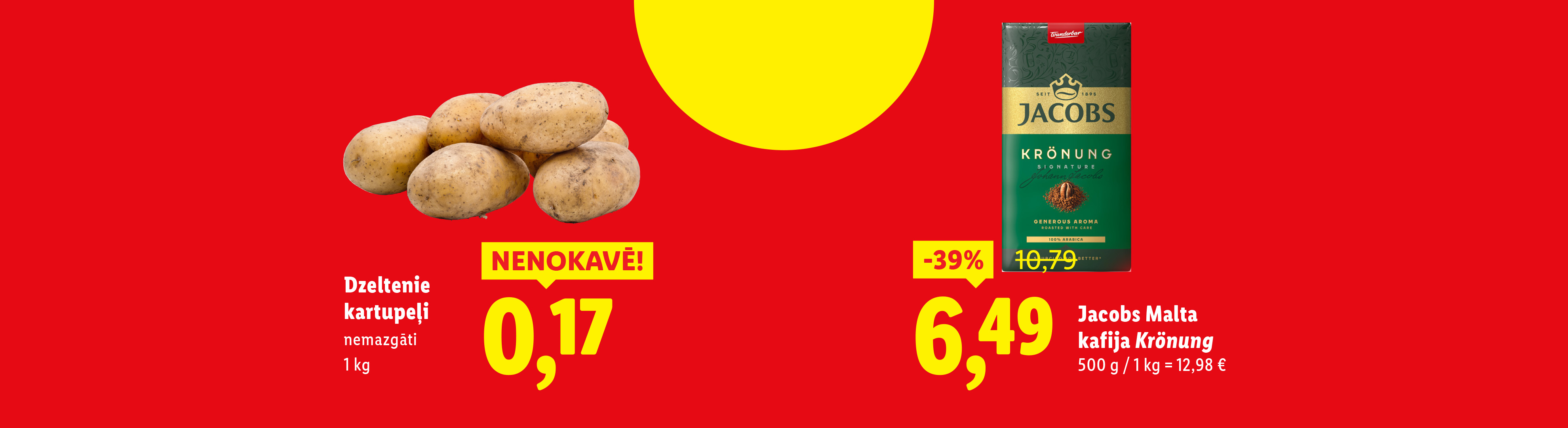 Reklāmas baneris ar kartupeļiem un kafiju iepakojumā, ar cenām un atlaidēm.