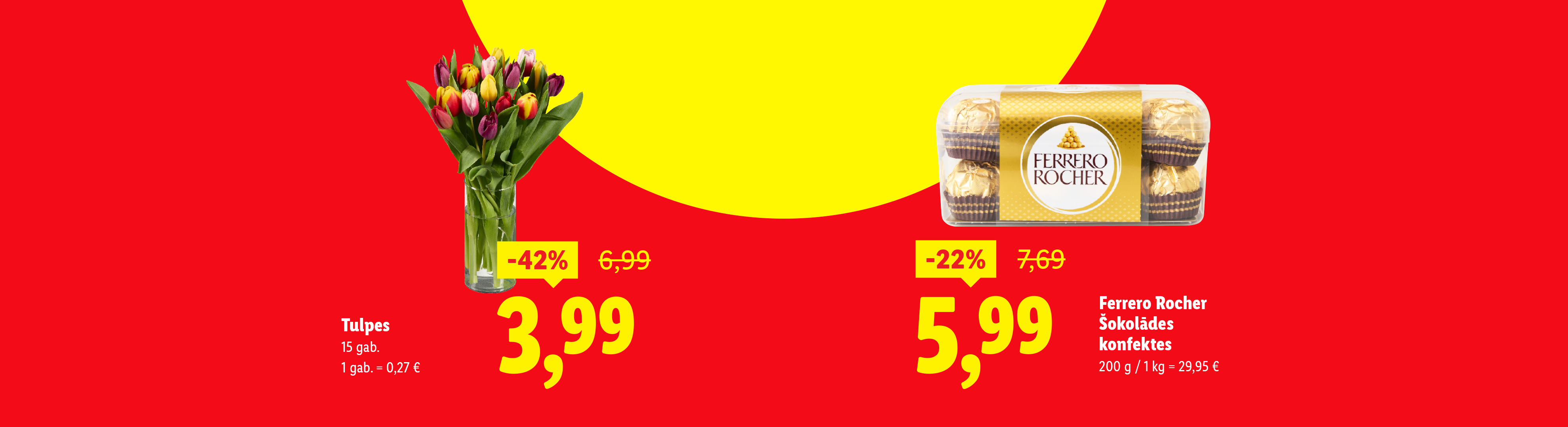 Reklāmas baneris ar tulpēm un šokolādes konfektēm ar atlaidēm.