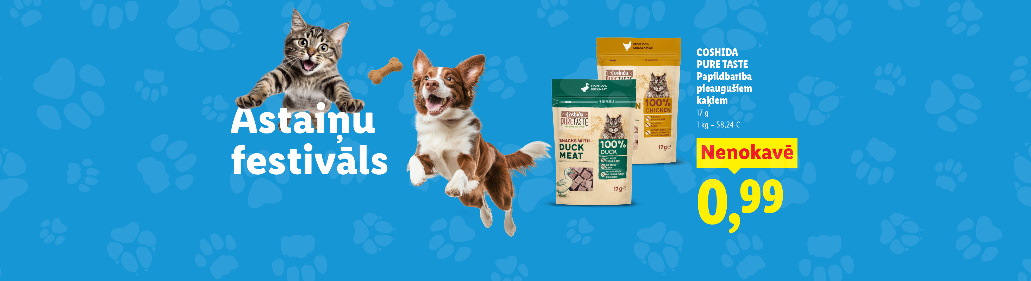 Kaķis un suns spēlējas ar mājdzīvnieku gardumiem uz zila ķepu nospiedumu fona. Cena 0,99.