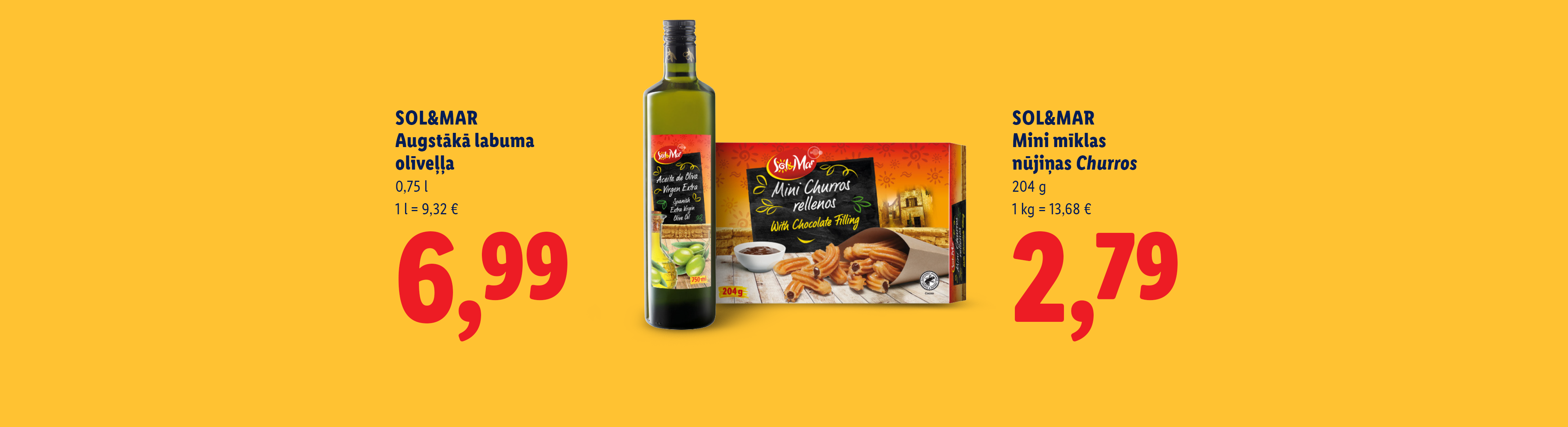 Olīveļļas pudele un mini churros ar šokolādes pildījumu kaste uz dzeltena fona.