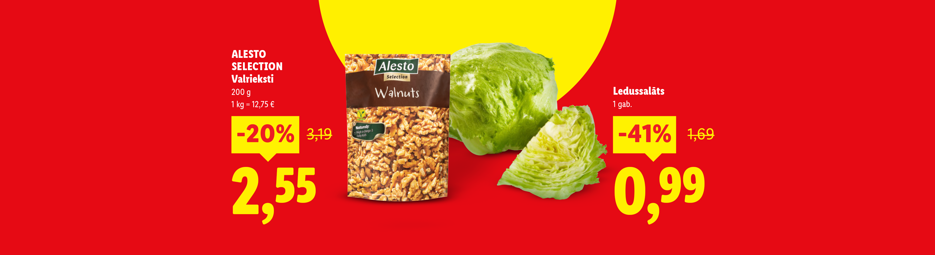 Valriekstu iepakojums ar 20% atlaidi un aisberga salāti ar 41% atlaidi.