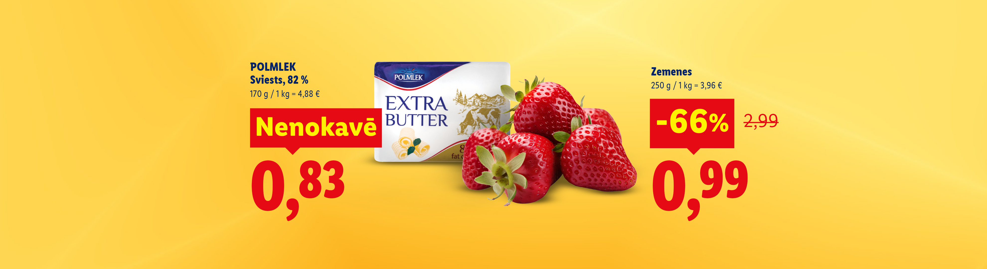 Рекламный баннер с маслом и клубникой, ценами и скидками.