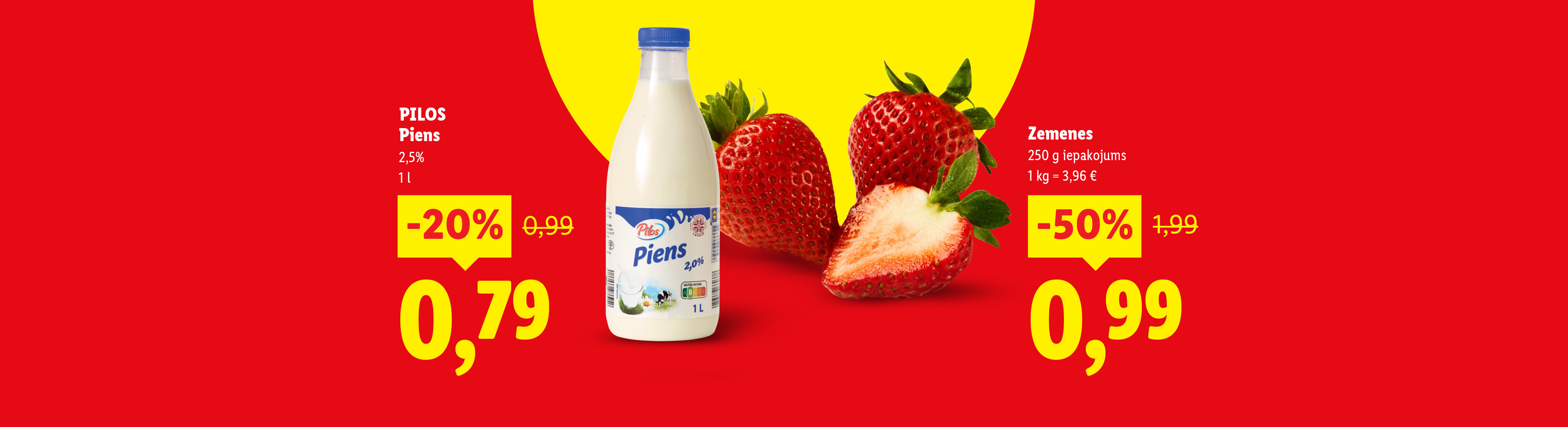 Piens un zemenes ar 20% un 50% atlaidēm.