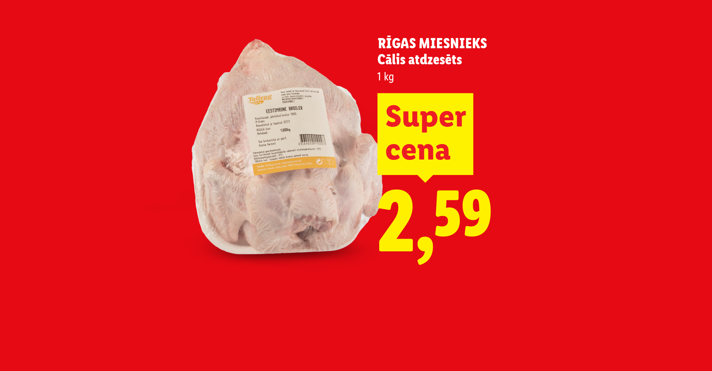 Reklāma ar konfektēm un atdzesētu cāli, norādot cenas un atlaides.