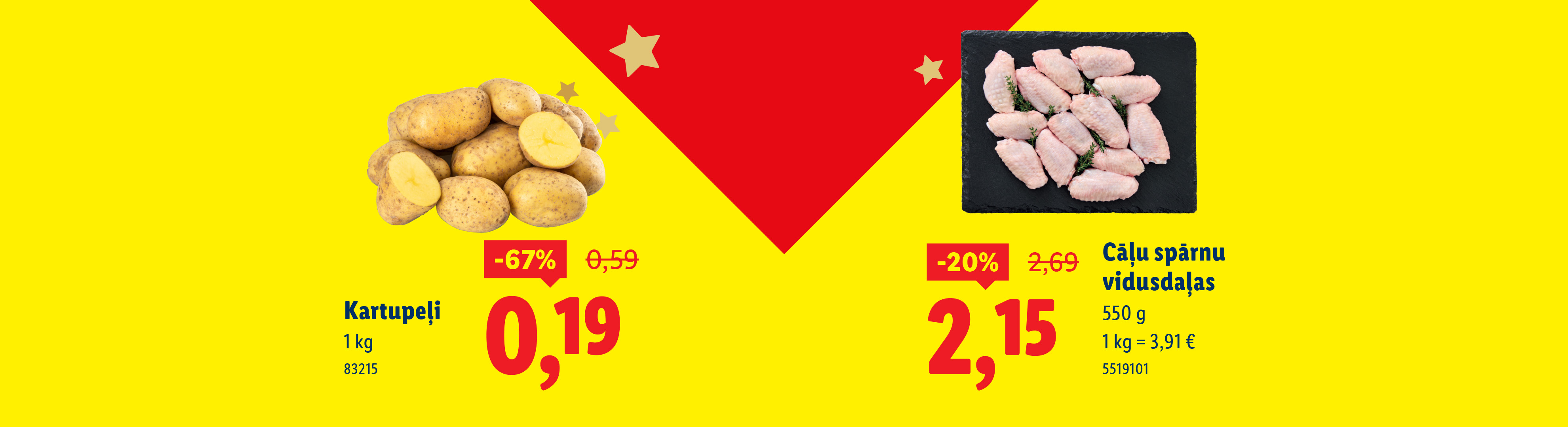 Reklāmas baneris ar kartupeļiem un vistas spārniņiem ar atlaidi.