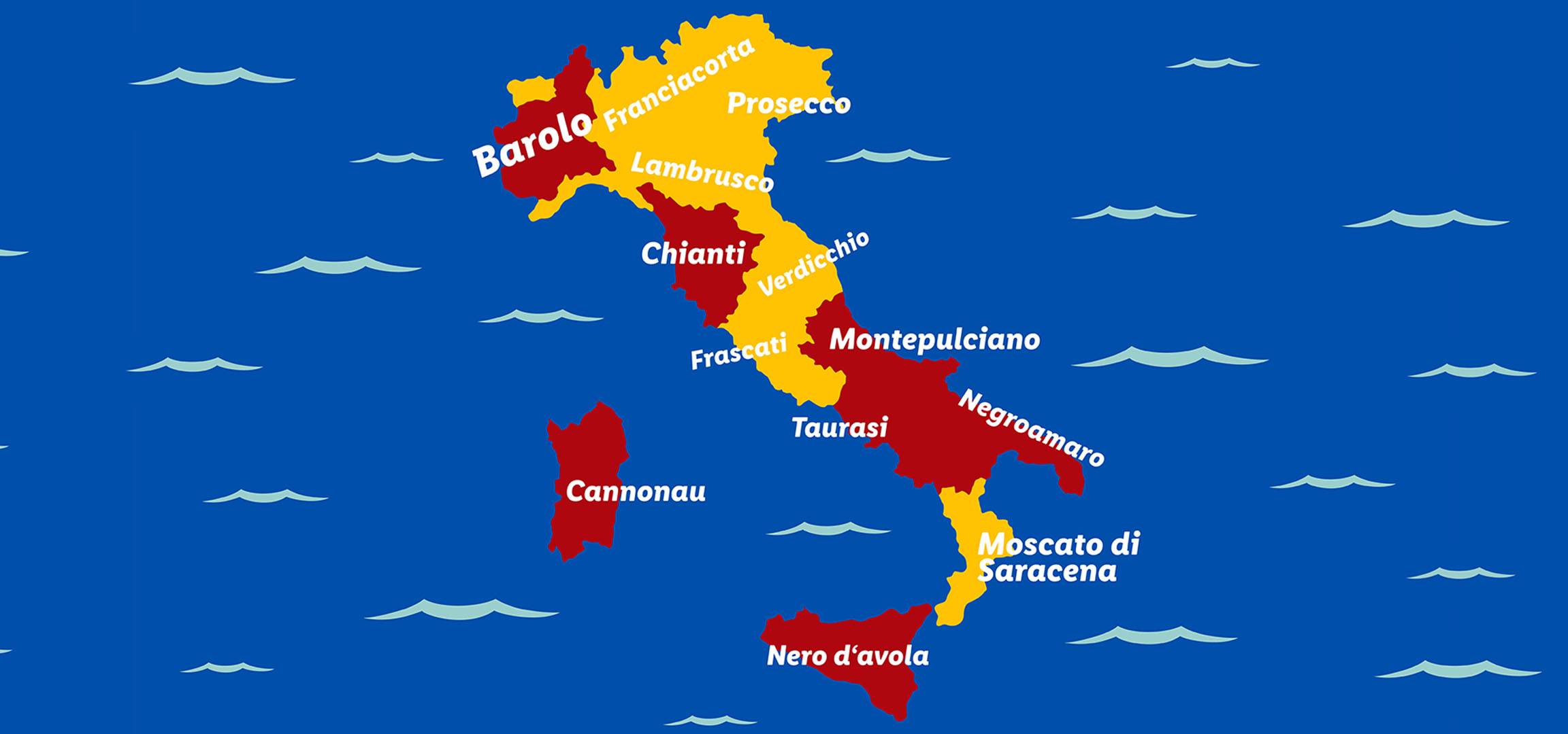Itālijas vīna reģionu karte ar Barolo, Prosecco, Chianti un Nero d'Avola.