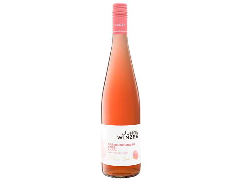 Junge Winzer Spätburgunder Rosé vīna pudele ar rozā etiķeti.