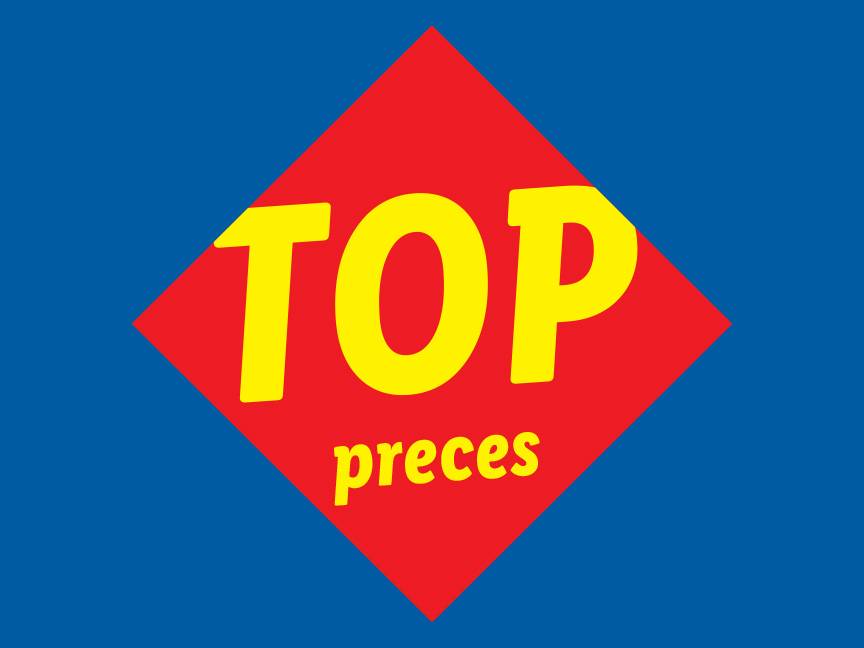 Sarkans rombs ar dzeltenu uzrakstu 'TOP preces' uz zila fona.