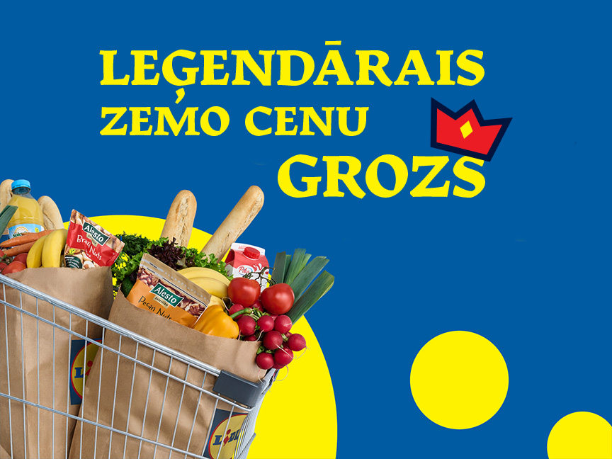 Lidl logo ar pārtikas precēm ratiņos: maize, dārzeņi, Alesto rieksti.