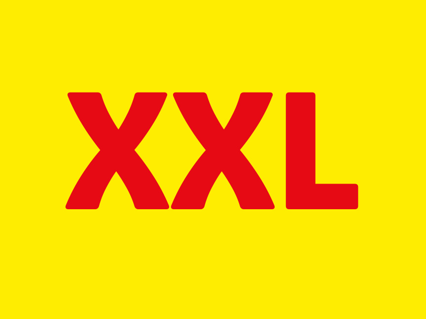 Красный текст XXL на желтом фоне.