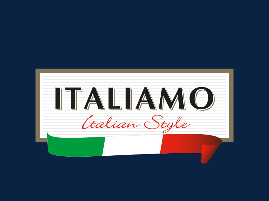 Itāļu stila izkārtne ar uzrakstu 'ITALIAMO Italian Style' un Itālijas karoga lenti.