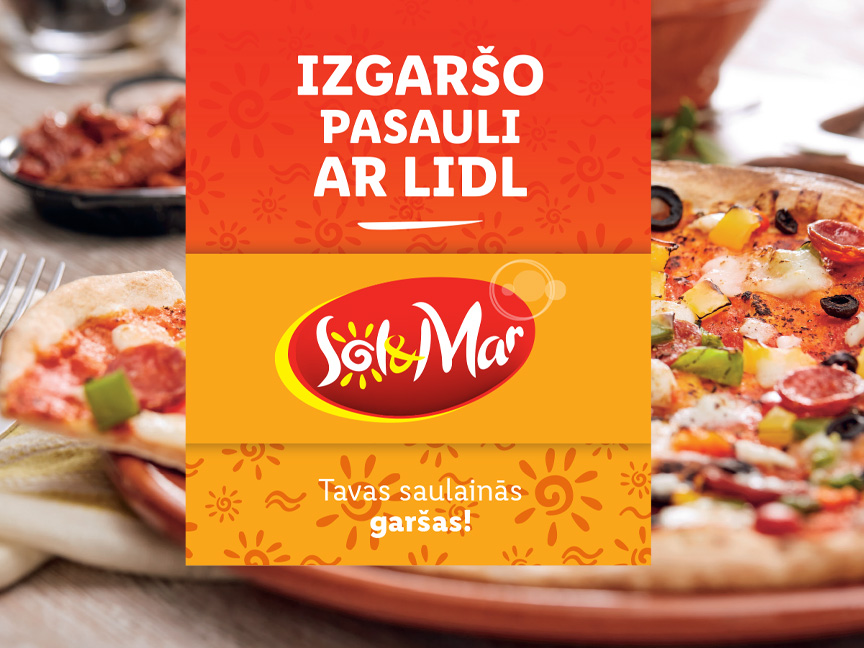 Рекламный плакат Lidl с пиццей Sol&Mar: вкусный мир с Lidl.