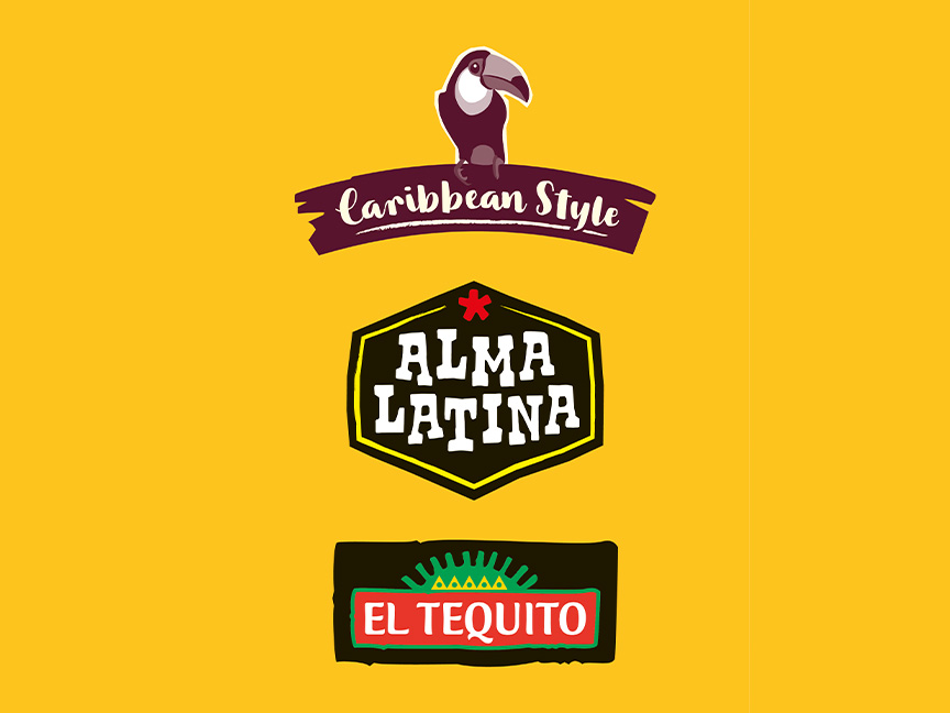 Три логотипа: тукан с надписью «Caribbean Style», «ALMA LATINA» и «EL TEQUITO».