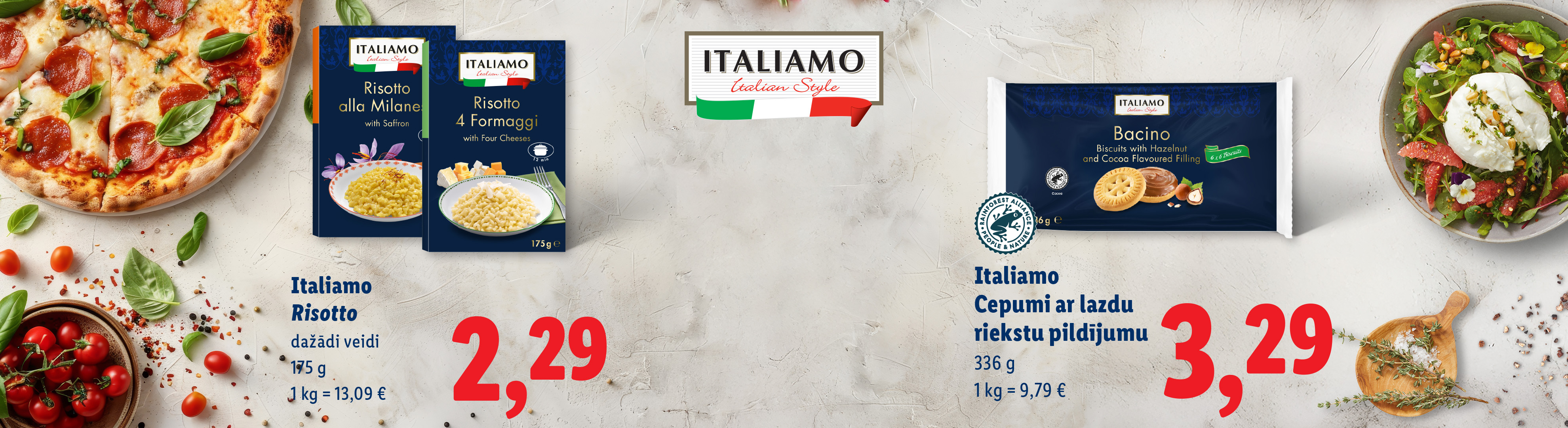 Italiamo itāļu ēdieni: picas, risoto un salāti.