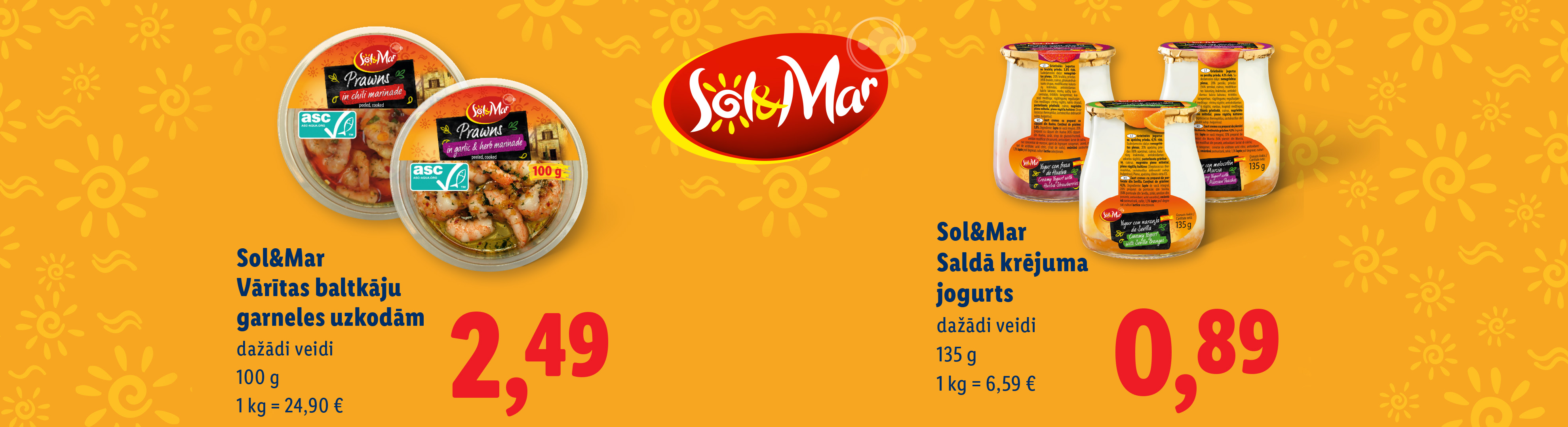 Sol&Mar saldā krējuma jogurti (dažādi veidi), 135g, 0.89€.