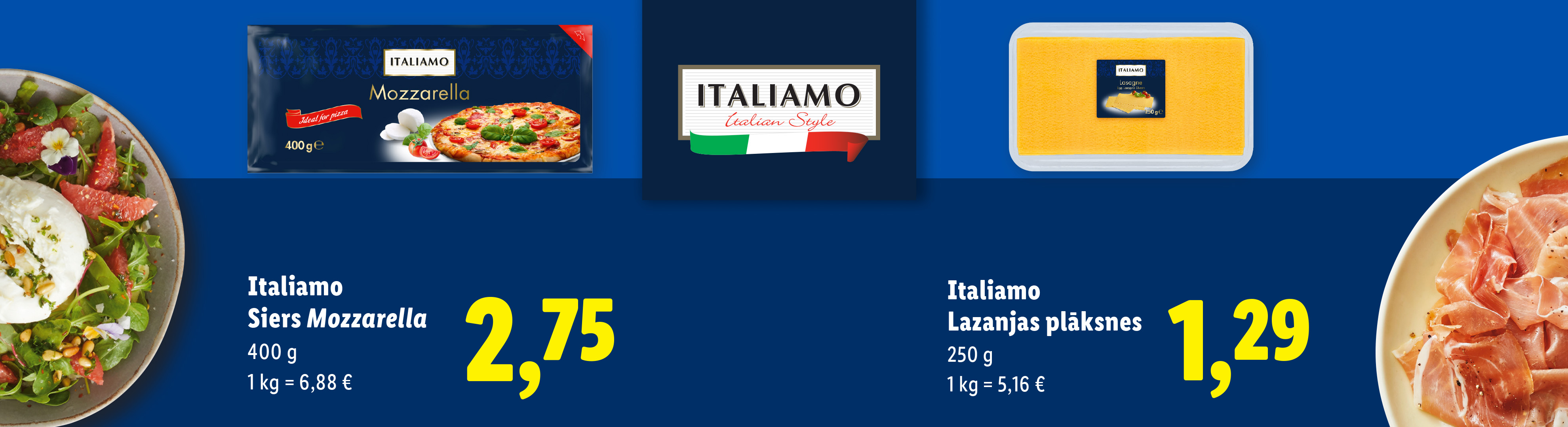 Italiamo rīvētas mocarellas iepakojums ar svaru un cenu.