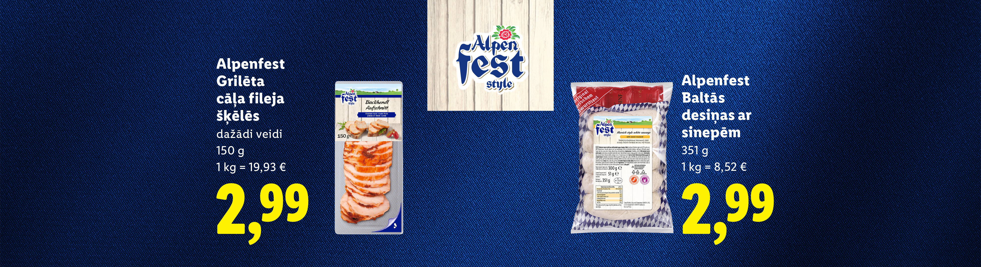 Grilēta cāļa fileja šķēlēs un baltās desiņas ar sinepēm, abas par 2,99 €.