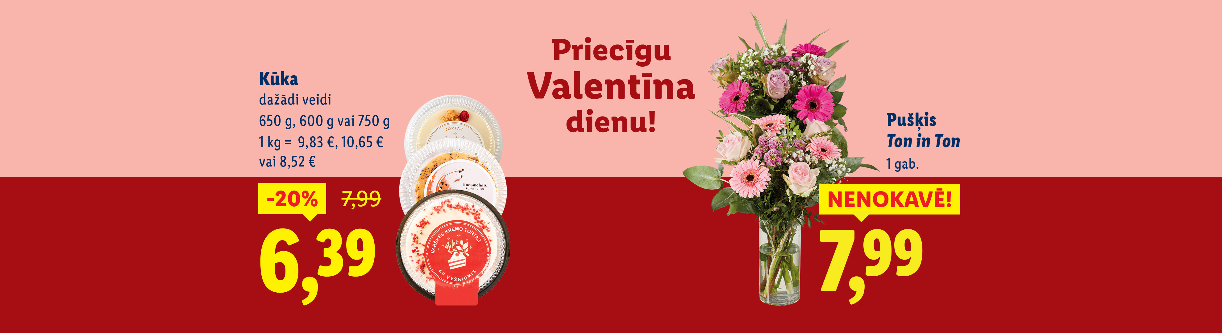 Valentīndienas reklāma ar kūku un ziedu pušķi.