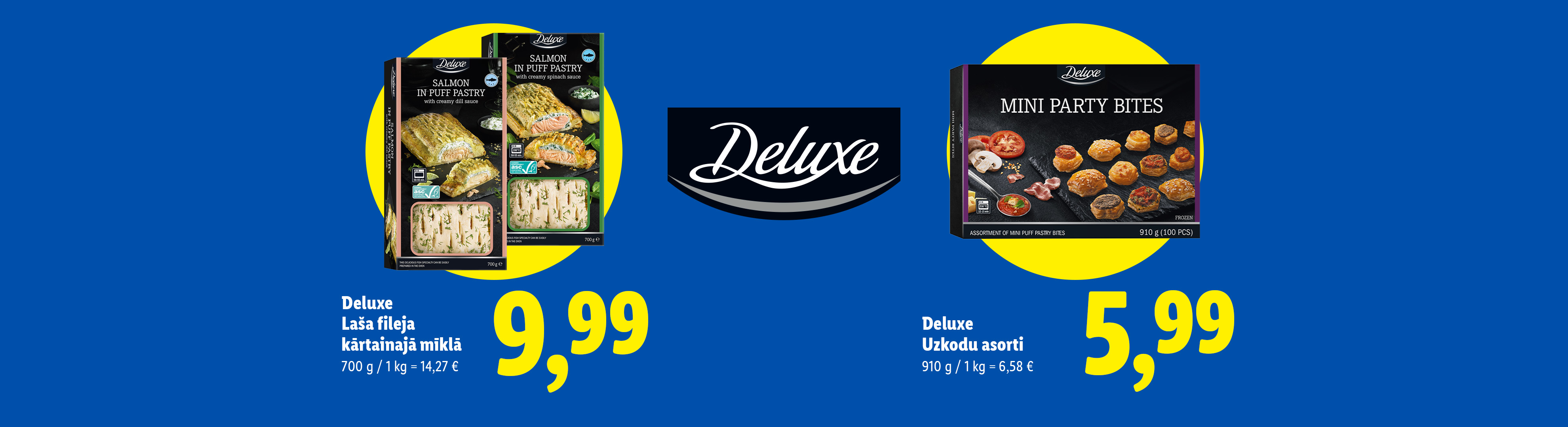 Laša fileja kārtainajā mīklā par 9,99 € un uzkodu asorti par 5,99 €.