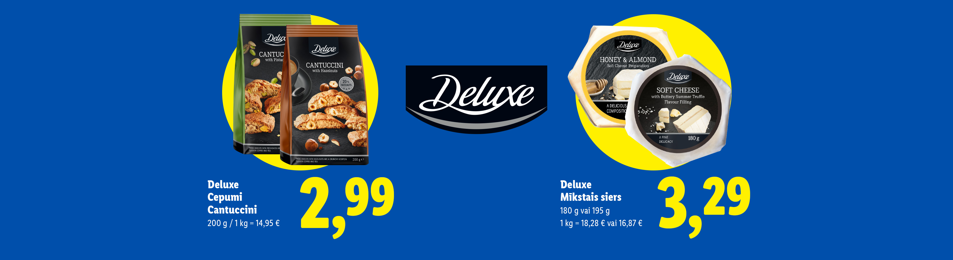Упаковки печенья кантуччини и сыра с ценами на синем фоне.