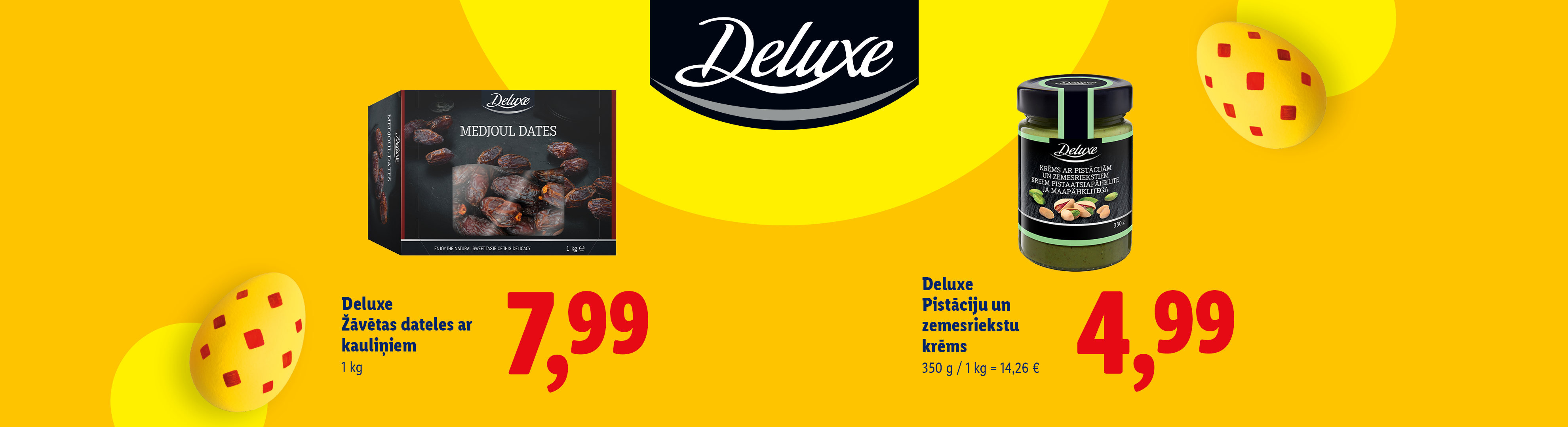 Žāvētas dateles un pistāciju-zemesriekstu krēms uz dzeltena fona ar Lieldienu olām.