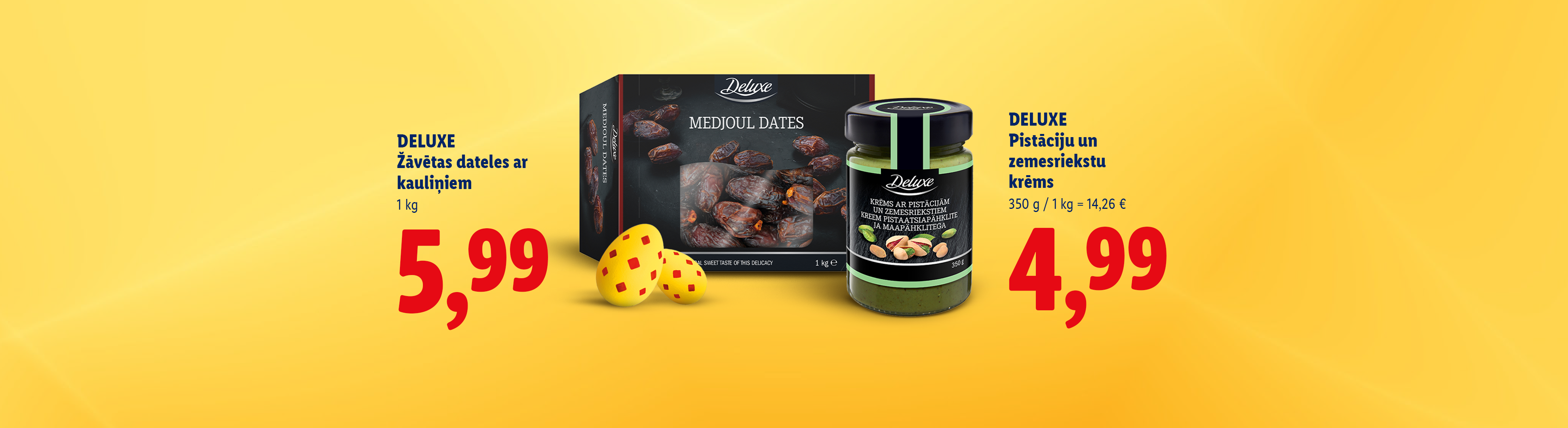Коробка фиников и банка фисташкового крема с ценами на желтом фоне.