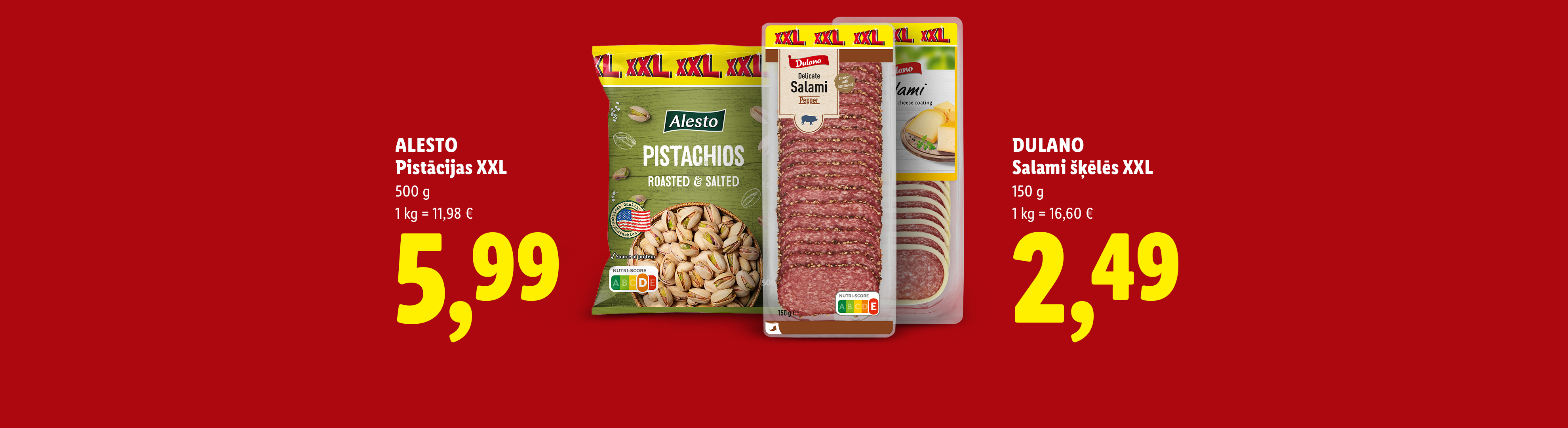 Pistāciju un sagrieztas salāmi iepakojumi ar cenām uz sarkana fona.
