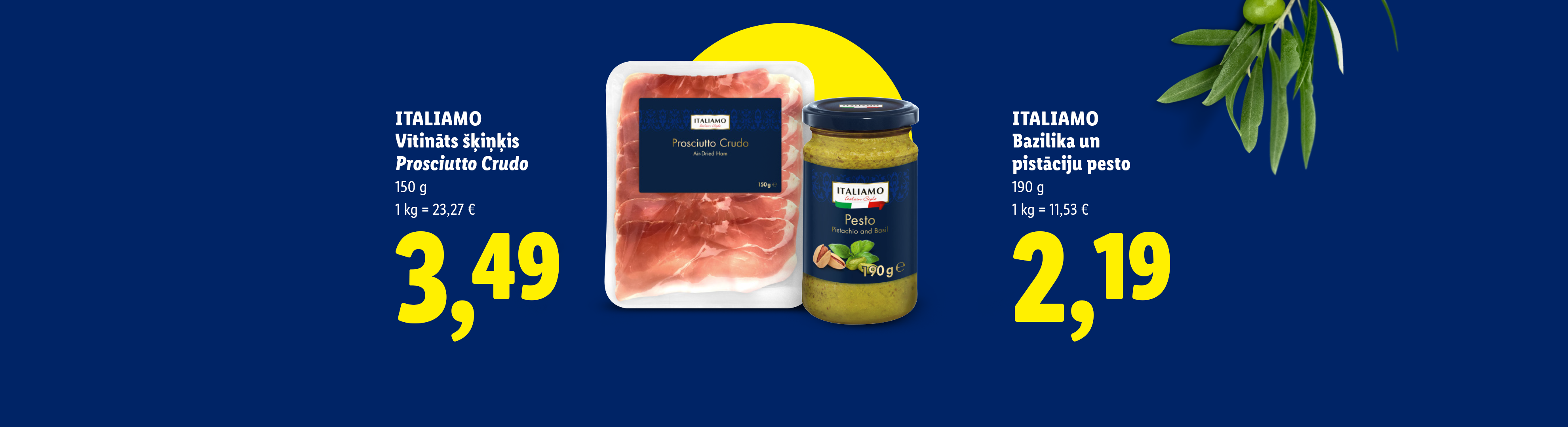 Prosciutto Crudo un pistāciju pesto ar baziliku, ar cenām un svara informāciju.