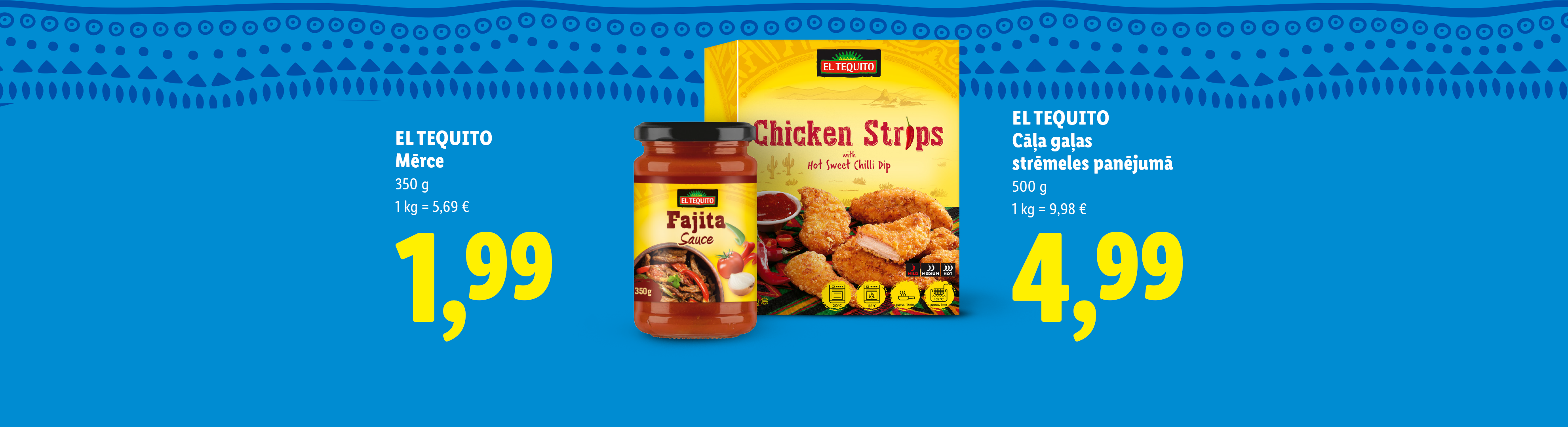 Fajita mērce un vistas strēmeles panējumā ar saldo čili mērci.