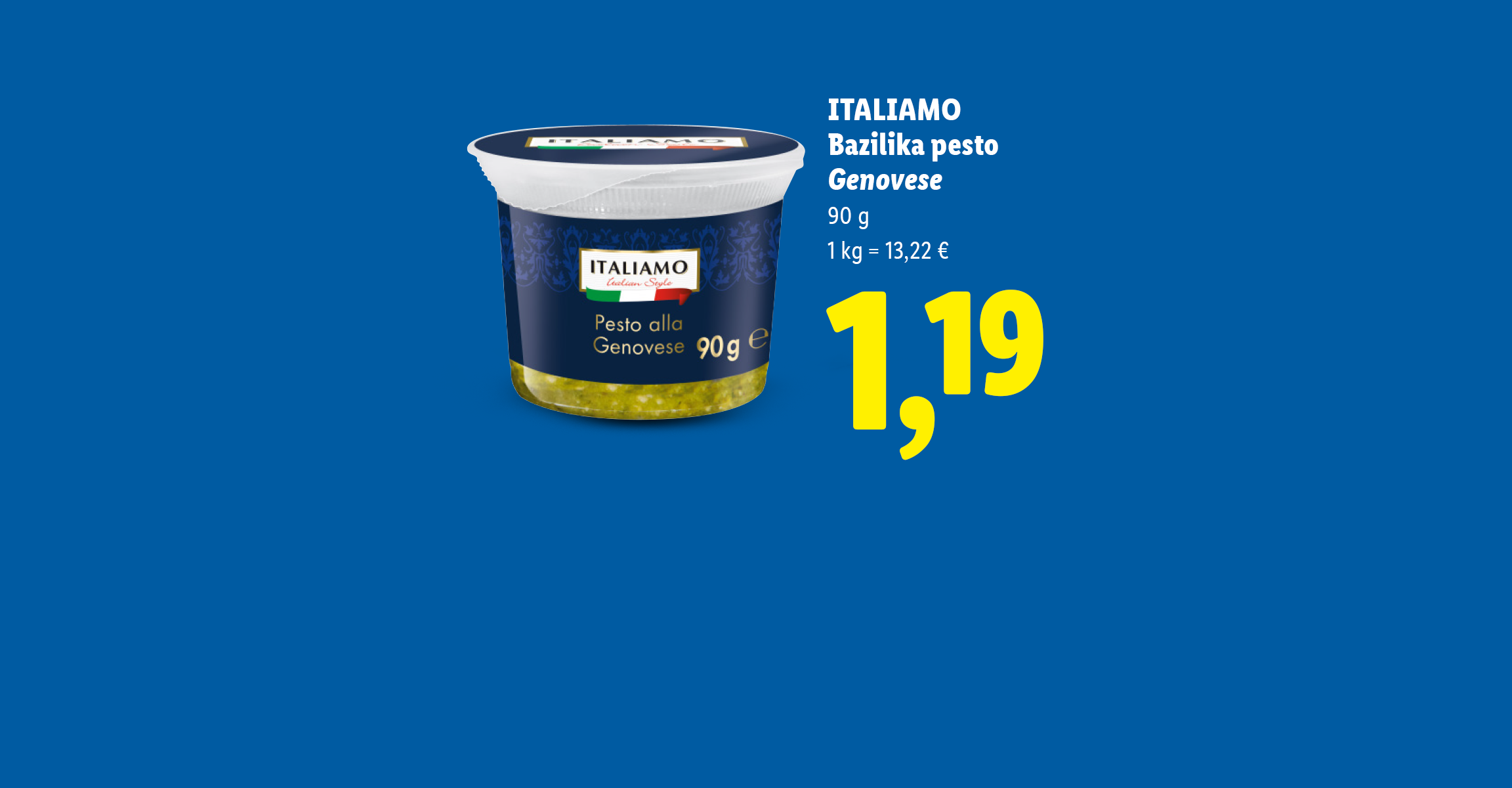 Reklāma ar pesto un mortadellas šķēlēm, norādot to svaru un cenu.