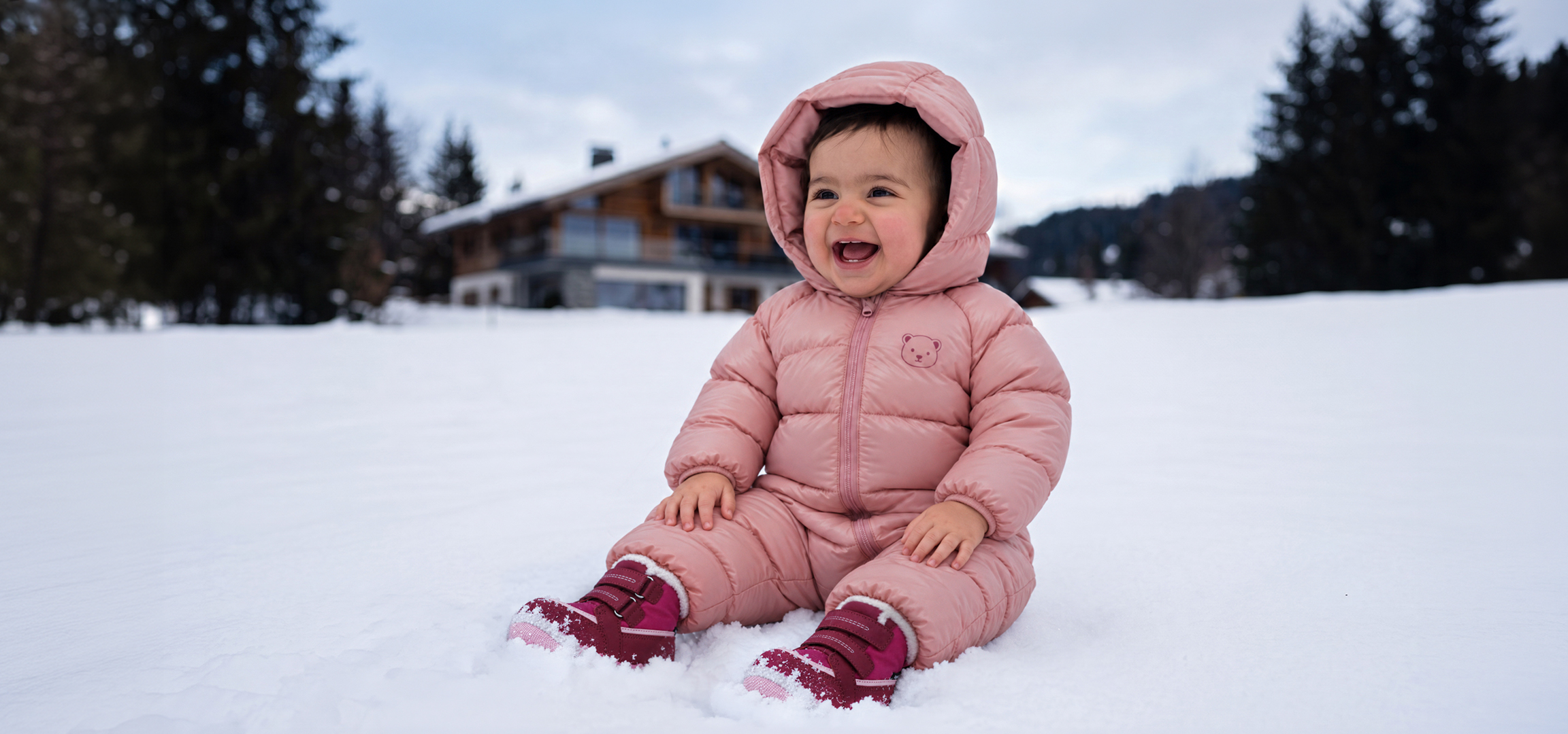 AI ģenerēts: Smaidīgs mazulis rozā ziemas kombinezonā sēž sniegā.